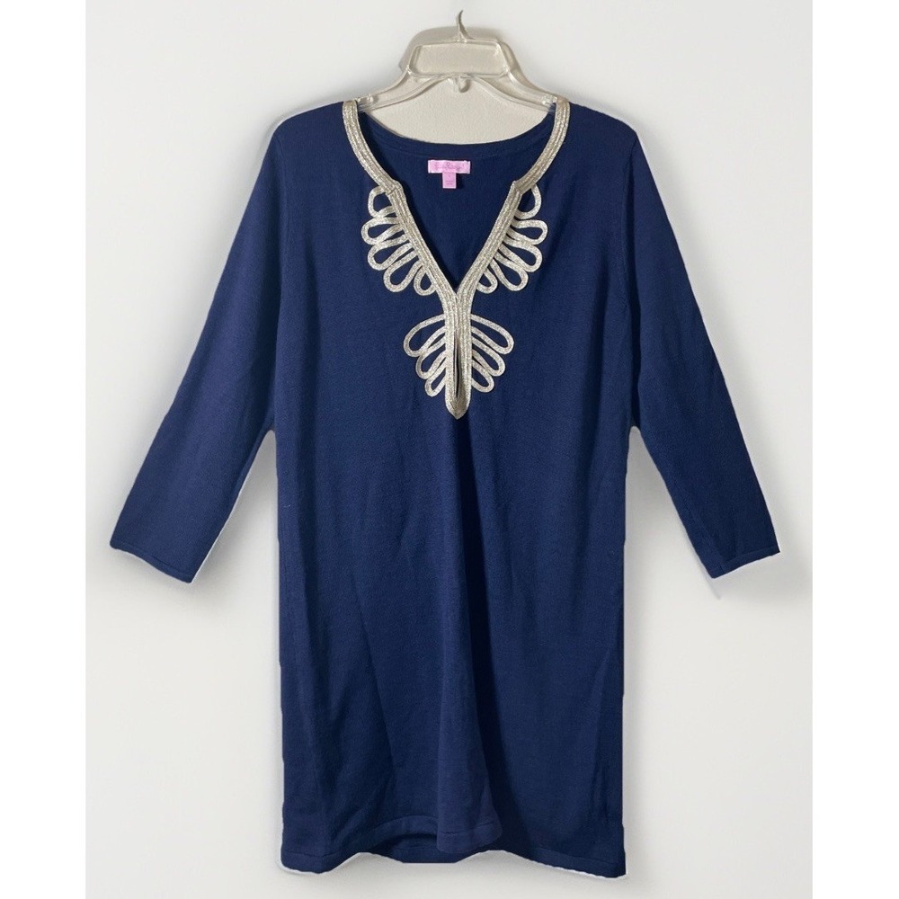 Lilly Pulitzer Navy Blue Devlin Shift Dress Gold Embroidered Neckline Women's L